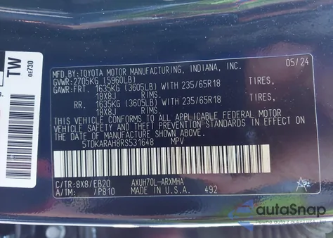 2024 Toyota Highlander Hybrid Xle z USA, uszkodzony, nr VIN 5TDKARAH8RS531648